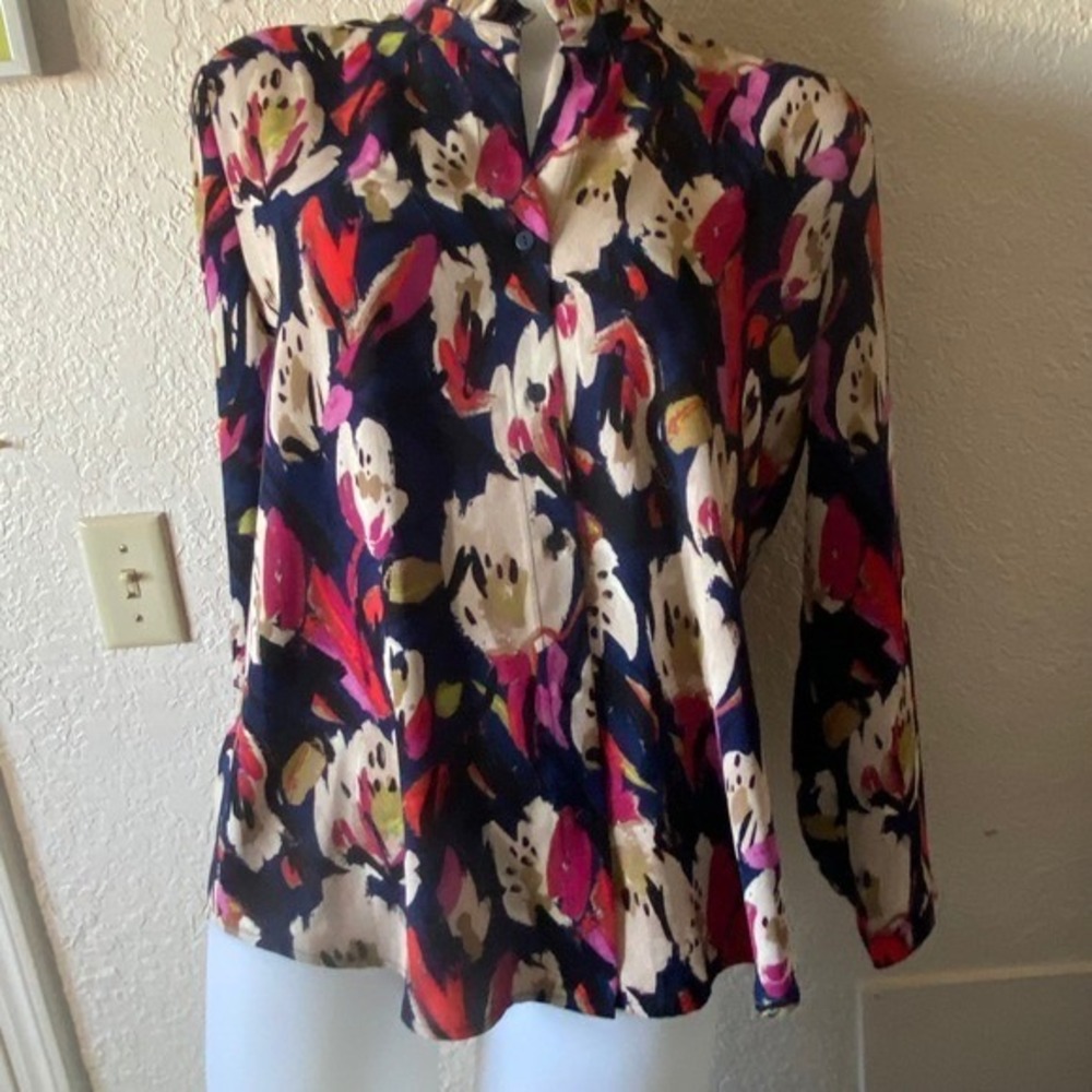 Nic+Zoe Floral Print Blouse‎ Mandarin Collar Long Sleeve Button Front M